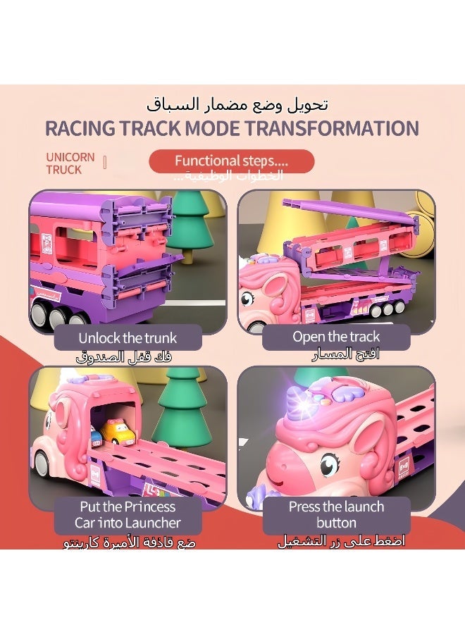 LBMT مجموعات ألعاب المركبات مع 6 سيارات صغيرة،لعبة شاحنة نقل قابلة للطي من يونيكورن مع مضمار سباق ذو مسارين،مجموعات ألعاب مركبات ألعاب دفع الضوء والموسيقى،لاعبين تفاعليين يعملان بالاحتكاك، هدية عيد ميلاد مثالية للفتيات للأطفال والأطفال الصغار 3+ - Image 2